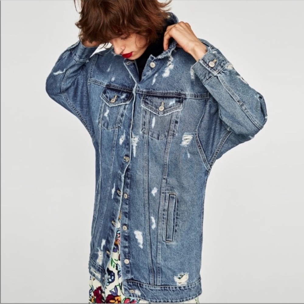 ZARA TRAFALUC DISTRESSED BUTTON DOWN LONG BLUE DENIM JEAN JACKET SZ S